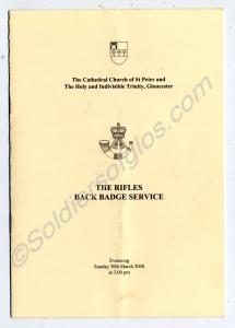 Order of service entitled "The Rifles Back Badge."