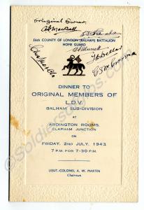 Menu for the Dinner to Original Members of L.D.V B