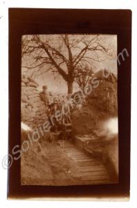Features two soldiers in World War I M.G. position