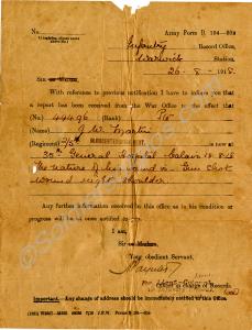Army form notifying family members that a World Wa