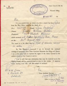 Army Form B104-82. Letter from Warwick Record Offi