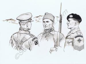 Captain, Private with No. 4 SMLE Rifle, and Sergea
