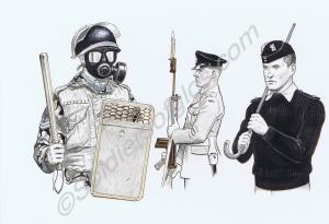 Corporal in riot gear, Private in service dress an