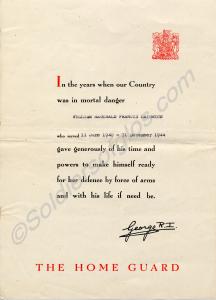 Certificate of Thanks to the Home Guard from HM Ki