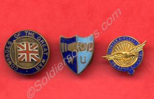 Three lapel badges; "Comrades of the Great War", "