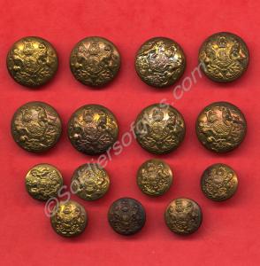 Brass service dress buttons, eight large, seven sm