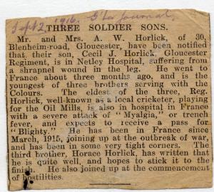 Article relating to Cecil, Horace and Reginald Hor