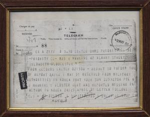 War Office telegram dated 2nd May 1951 to Mrs V. H