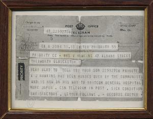 War Office telegram dated April 1953 to Mrs V. Haw