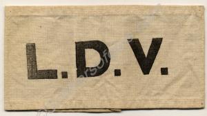 White L.DV. (Local Defence Volunteers) armlet worn