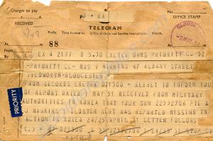 Telegram dated 2nd May 1951 to Mrs Hawkins informi