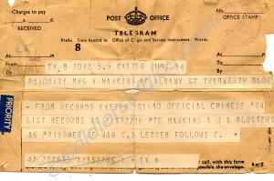Telegram dated 20th December 1951 to Mrs Hawkins i