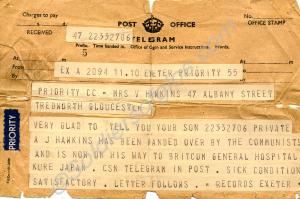 Telegram, date unknown, to Mrs Hawkins informing h