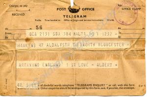 Telegram dated 1st May 1953 to Mrs Hawkins from he