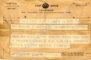 Telegram, date illegible,to Mrs Hawkins informing
