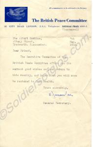 Welcome home letter from The British Peace Committ