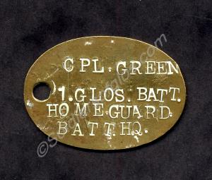 Brass identification tag. Corporal Green, Motor Cy