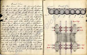 Exercise book with Pioneer course notes and drawin