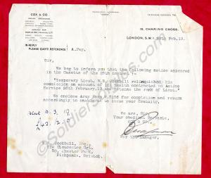 Letter relating to the relinquishing of the commis
