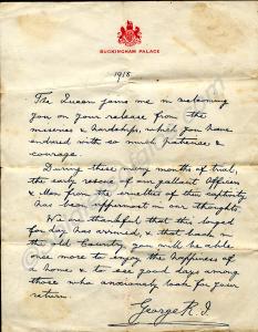 Prisoner of War welcome home letter from Buckingha