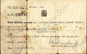 Silver War Badge certificate to 201689 Private Geo