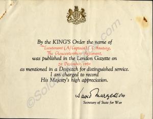 Mention in Despatches document to Lieutenant (Acti