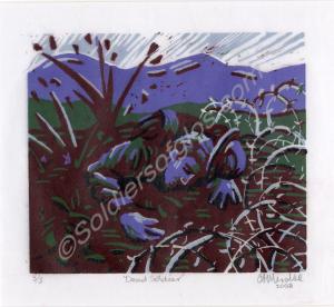 Framed Linocut print. " Dead Soldier" by C .A. McE