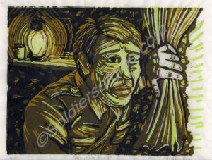 Framed Linocut print. "After the Shell" by C .A. M