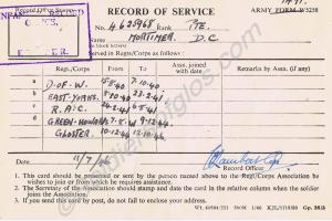 Record of Service card of 4625968 Private Dennis C