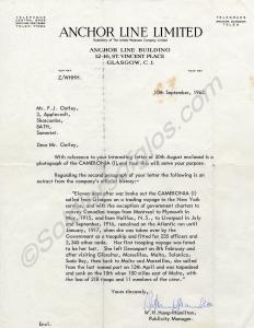 Letter from Anchor Line Limited, 10.9.1963, with