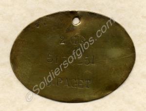 Bed label. 5173251 Private J. Paget. 2nd Battalion