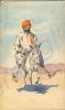 Painting of a man riding a donkey. 1921. Work by M